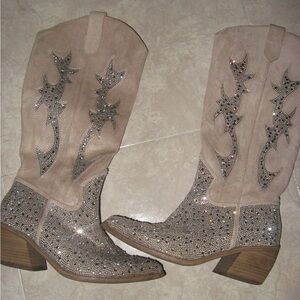 Tan and silver rhinestone cowboy boots